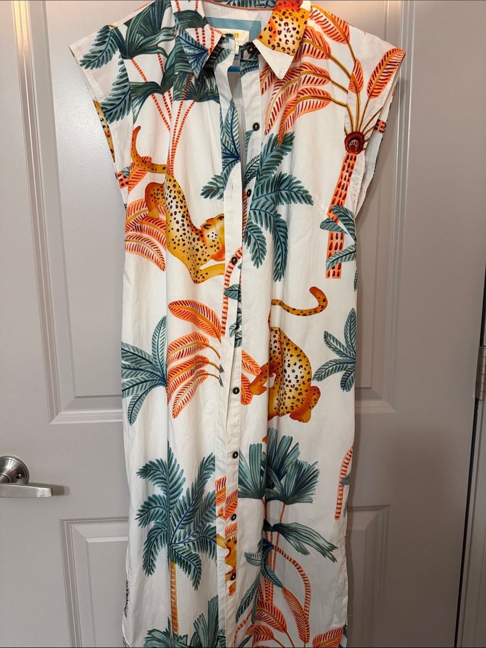 Anthropologie Maeve White Maxi Dress with Orange Jaguar & Green Palm PTP 18